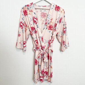 Flora Nikrooz Alisha Floral Short Wrap Tie Lounge Robe Pink White Size Small